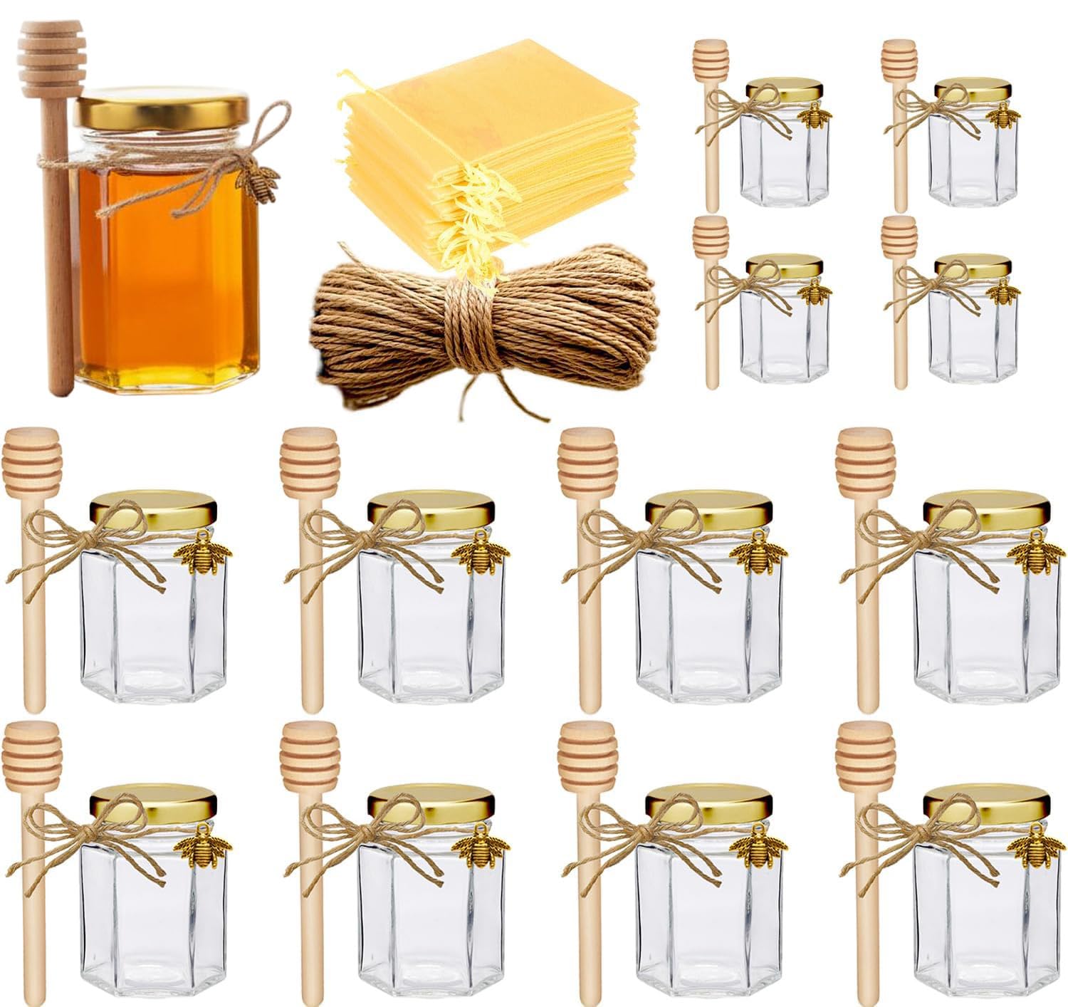 Adabocute Honey Pot, Glass Honey Jars with Wood Dipper, Gold Lid, Bee Charms, Gold Organza Bags, Thank-you Tags, Ideal for Bee Party Favors, 4oz 12 Pack
