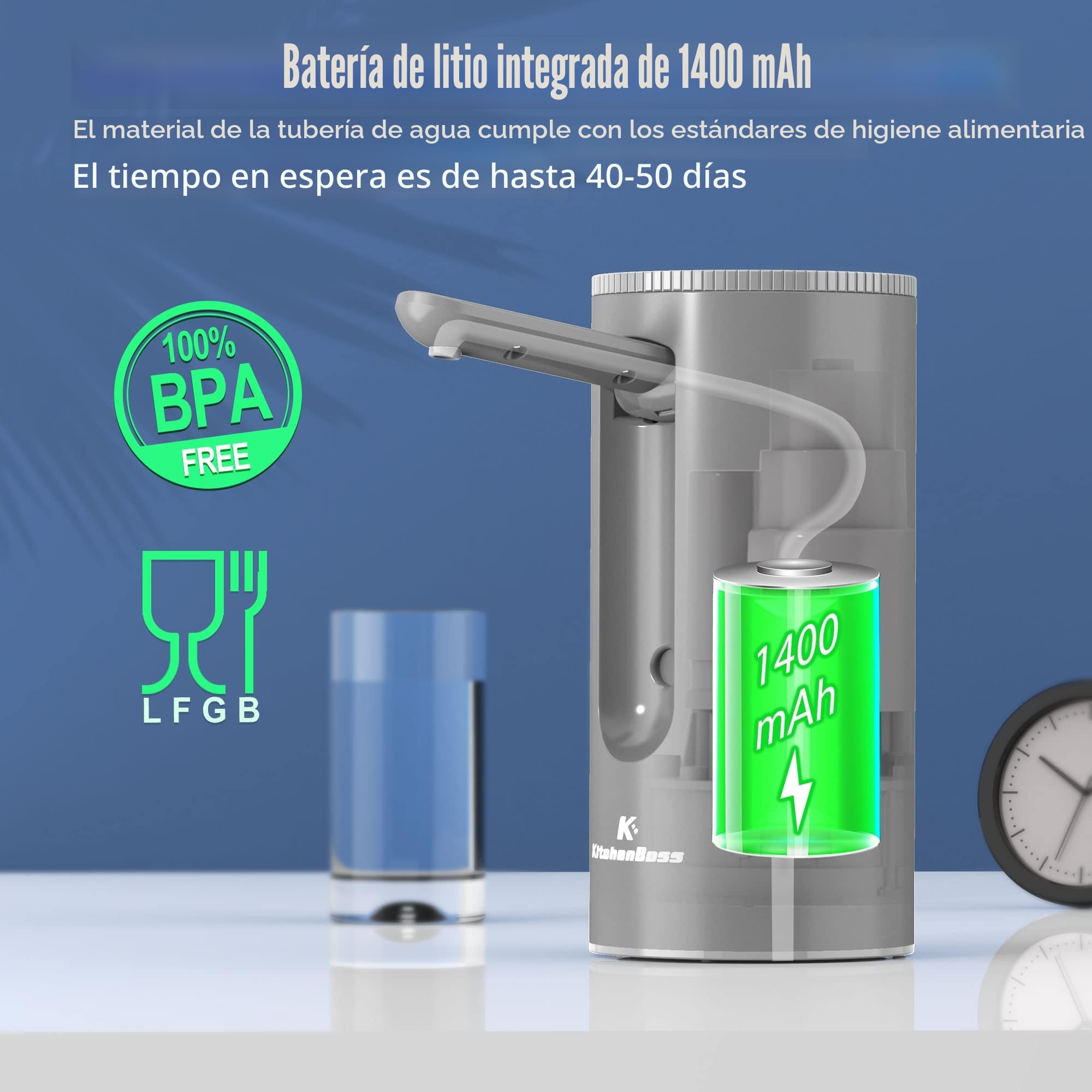 KitchenBoss Dispensador de Agua Eléctrico Portátil Carga USB-C para Botellas 3.8-18.9L Gris