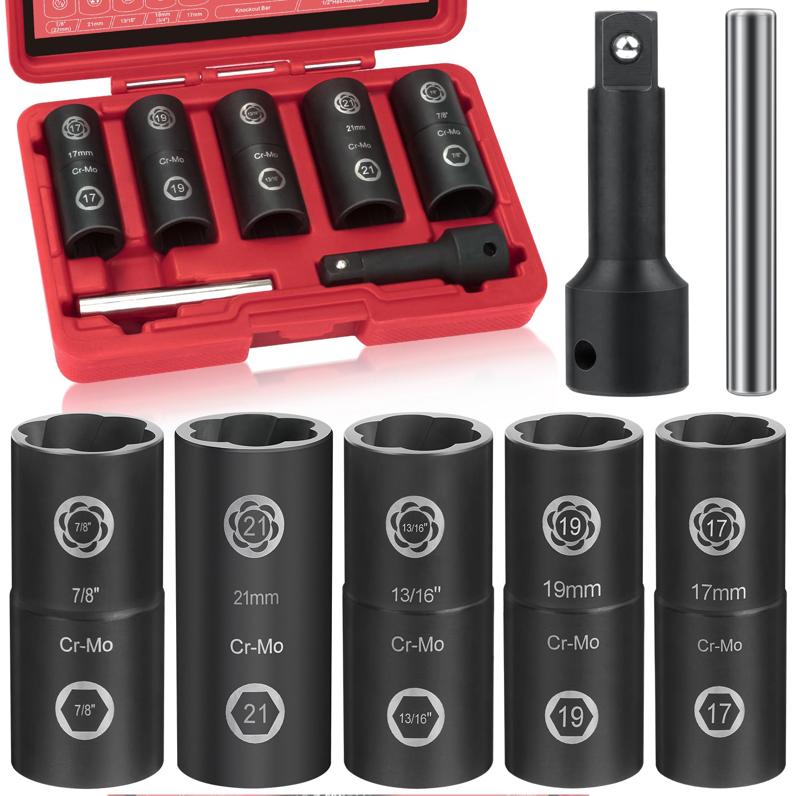 2-In-1 Lug Nut Removal Tool & Impact Socket Set, with 1/2" Drive, Easy Out Broken Bolt Extractor Kit, Ez Out Stripped Wheel Lock for Removing Rounded,