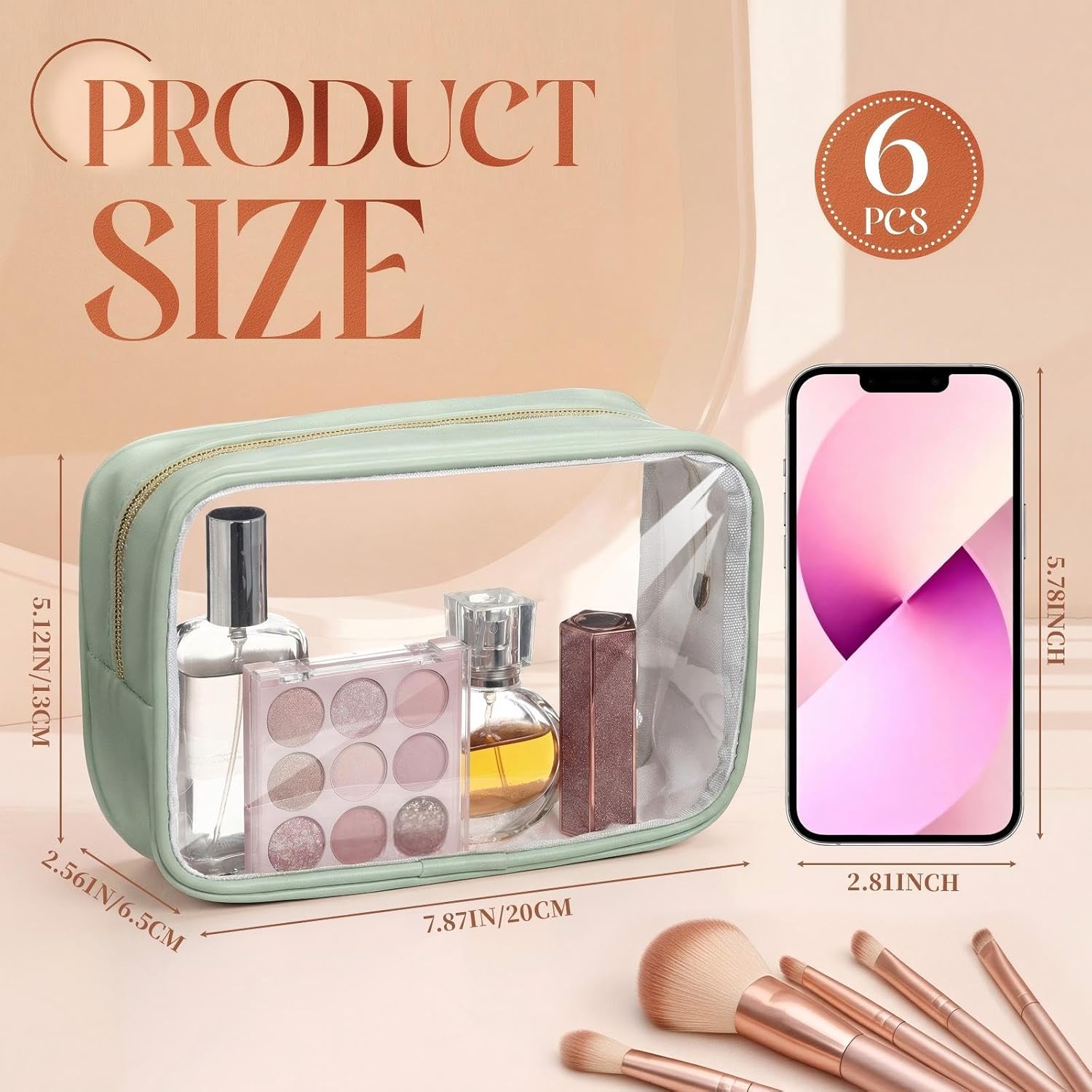 Abbylike 6 Pcs Clear Makeup Bag PU Leather Mother's Day Travel Gifts Cosmetic Pouches Transparent Toiletry Bags with Zipper Waterproof Purse Skincare Car Organizer Essentials for Women(Mint Green)
