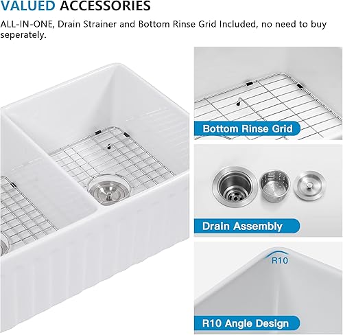 Miniatura 6 de Fulorni - Fregadero de granja blanco con 33 cuencos dobles de 33 x 18 pulgadas, delantal plano delantero, cuenco doble de cerámica de porcelana de