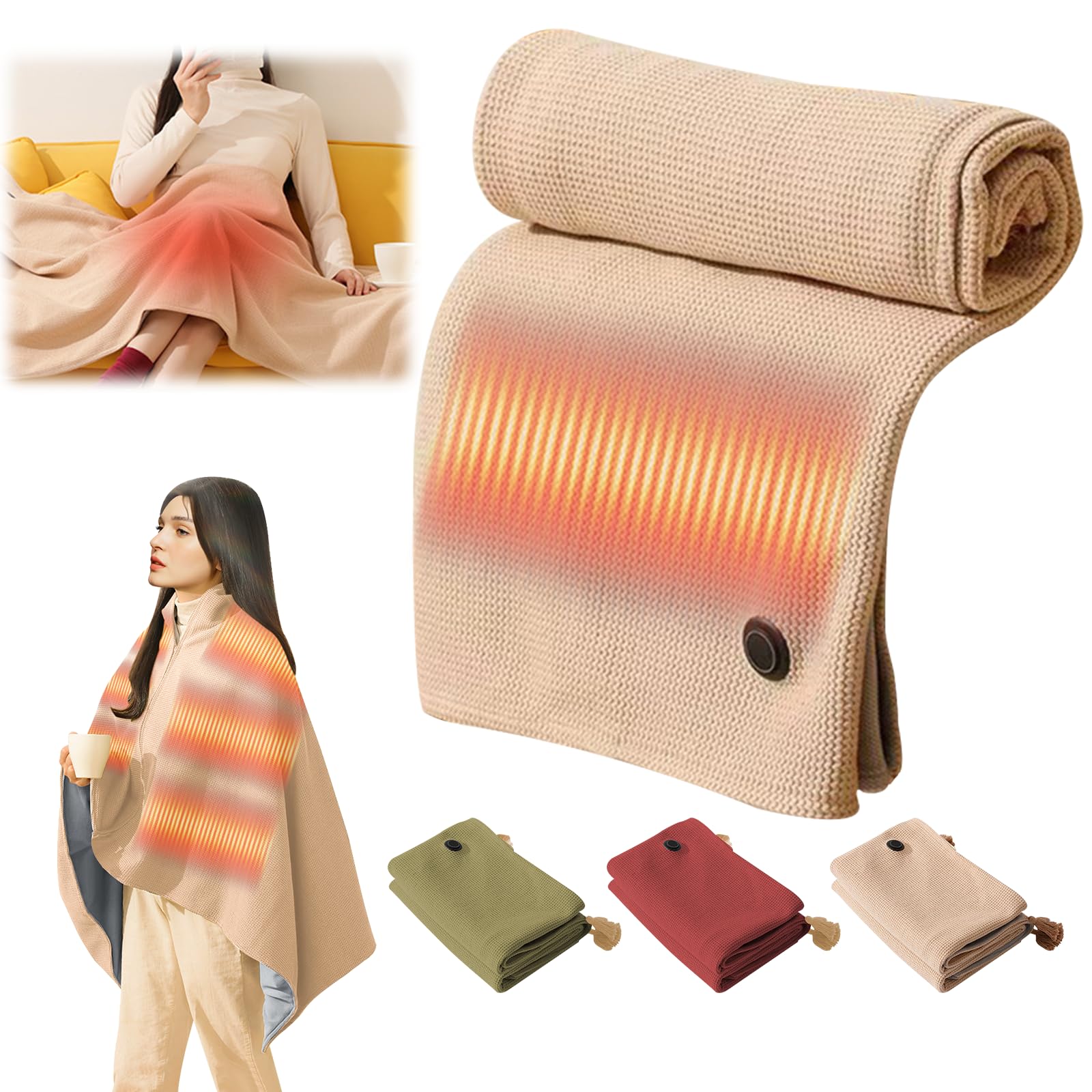 Portable Heated Shawl, Upgraded Heated Shawl Wraps for Women, Cordless Heated Blanket Electric Heated Blanket Shawl, 3 Heating Levels,USB Heated Blanket Shawl (Khaki, NO Power Bank)