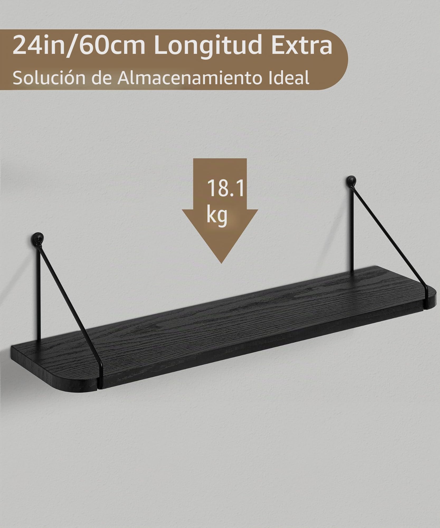 Afuly Estantería de Pared Larga, Baldas de Madera Negra con Soporte Metal | 60cm Repisas de Pared Juego de 2, Balda, Almacenaje, Decoración, Balda Flotante para Fotos, Plantas, para Salón, Dormitorio