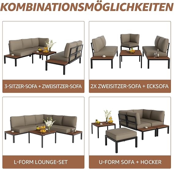 NATURAL EXPRESSIONS Patio Furniture Sets Metal Outdoor Sectional L Shape Corner Sofa Outdoor Couch with Detachable Backrest3 Fauxwood TablesBlack FrameShale Olefin Cushions for YardGarden