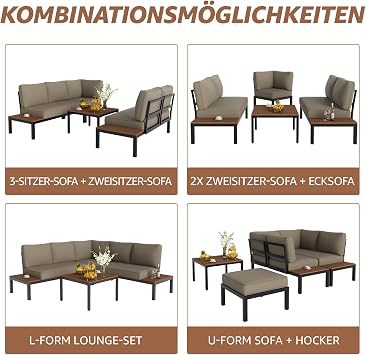 NATURAL EXPRESSIONS Patio Furniture Sets Metal Outdoor Sectional L Shape Corner Sofa Outdoor Couch with Detachable Backrest3 Fauxwood TablesBlack FrameShale Olefin Cushions for YardGarden