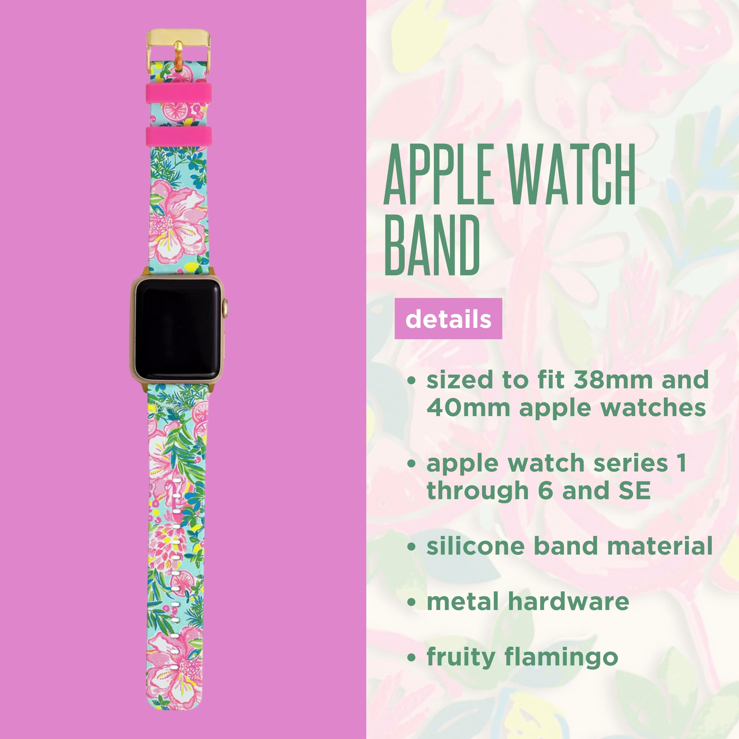 Lilly Pulitzer silikonowy pasek do zegarka Apple Watch dla kobiet, rozmiar pasujący do smartwatchów 38 mm, 40 mm, 42 mm i 44 mm, kompatybilny z Apple Watch serii 1-6 i SE