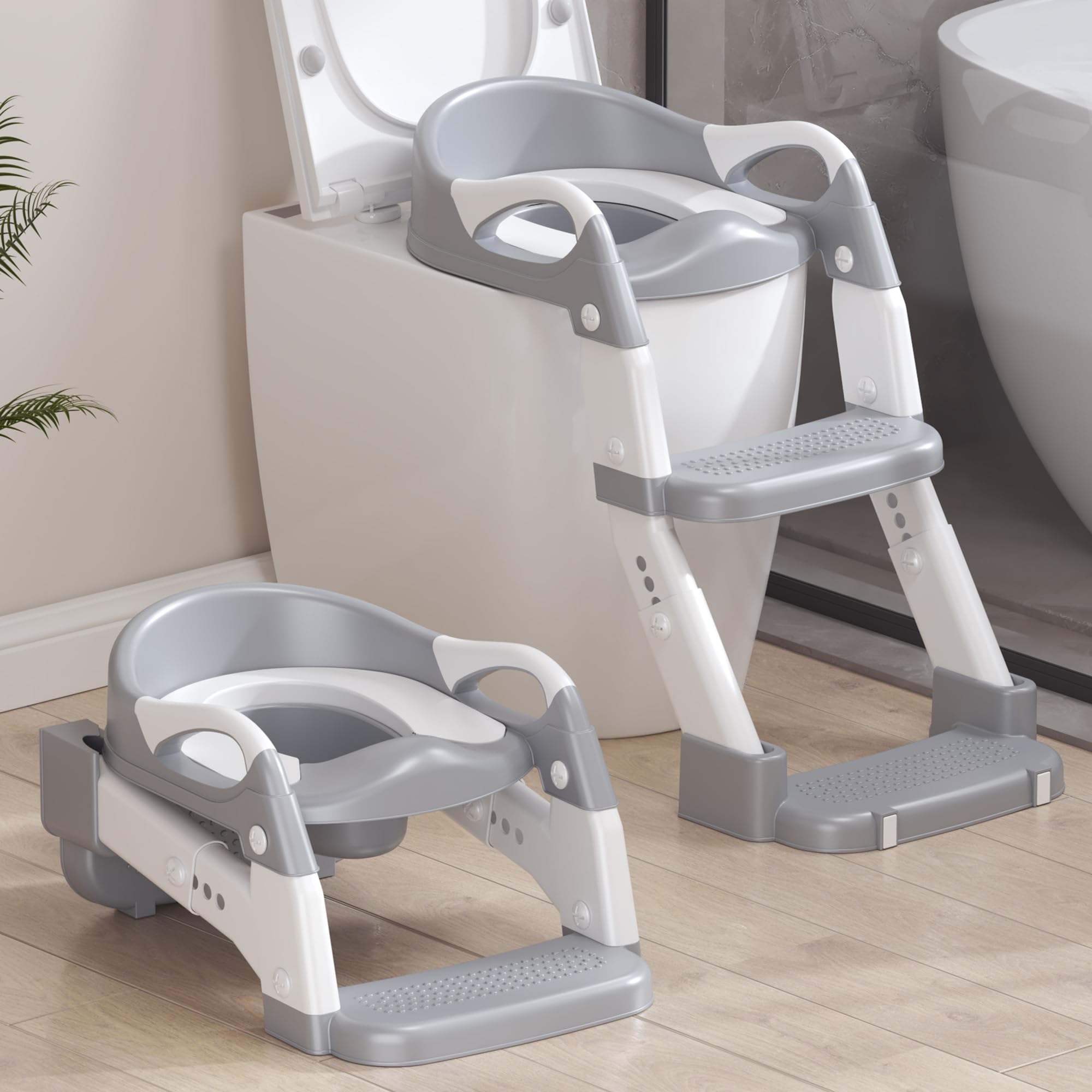 Asiento de inodoro 2 en 1 para niños pequeños con taburete y escalera, orinal de altura ajustable para bebés, niños y niñas de 1 a 3 años, orinal de entrenamiento plegable con protección contra salpicaduras y patas antideslizantes, color gris.