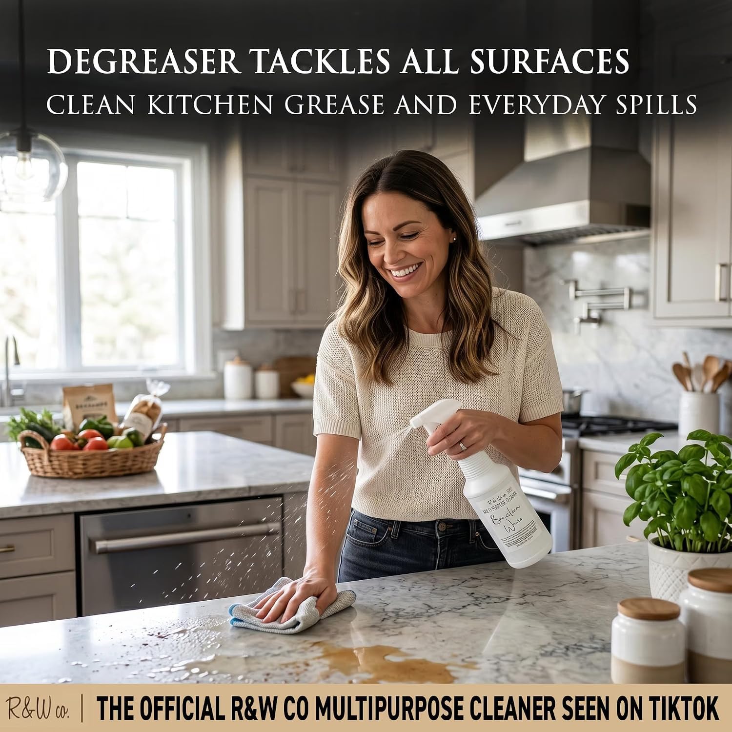 R&W Co. Multi-Purpose Cleaner Spray, Brazilian Waves Scent (32oz), Luxury Hard Surface Everyday Countertop Cleaner, Cuts Grease, Grime and Stains, Delicious Aroma Trail with Every Wipe