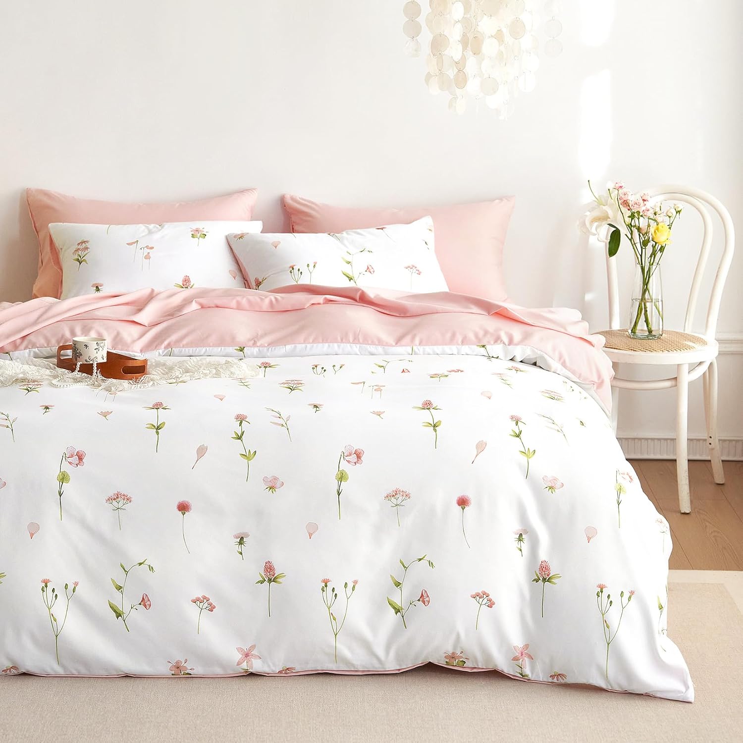 Wake In Cloud - Floral Comforter Set, Cottagecore Cute Aesthetic Watercolor Tiny Flowers and Leaves, Soft Lightweight Bedding for Women Teen Girls, 3 Pieces, Pink, Twin/Twin XL Size - Image 2
