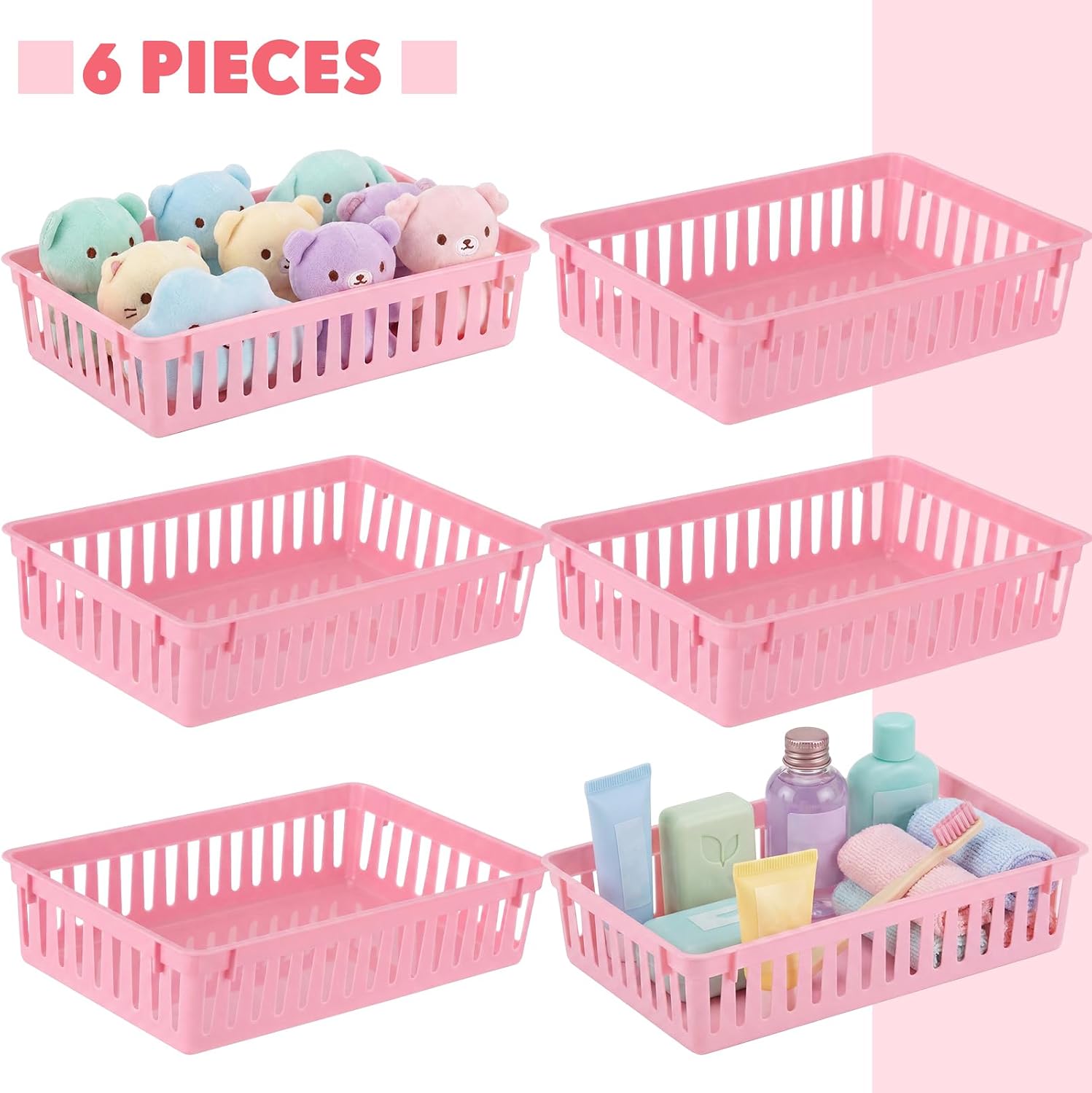 6 Pack Small Plastic Baskets for Organizing, 10 x 6.5 x 2.4 Inch Rectangle Mesh Storage Bins, Flat Drawer Organizer Trays for Classroom, Desk, Office, Medication & Shelves (Pink)