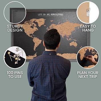 Splosh Large Maps. World Map Pin Board in Black, Wooden Frame. World Map Cork Board with 100 Pins in 2 Colours to Mark Your Past and Future Adventures. Framed World Maps for Wall. (Black)