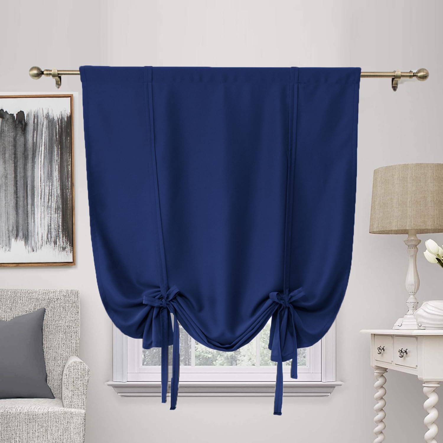 ZHhan Blackout Tie Up Curtain Thermal Insulated Tie Up Window Shade Bathroom Curtain Tie Up Shade for Small Window for Kitchen French Door Rod Pocket Panel, Navy Blue, W 37" x L 36", 1 Panels
