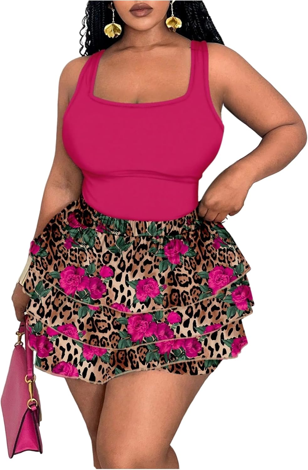 SOLY HUX Women's Plus Size 2 Piece Summer Vacation Outfits Floral Print Tank Tops and Ruffle Layered Shorts Set