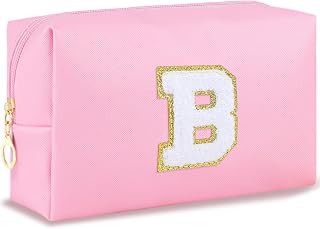 URSKYTOUS Initial Makeup Bag Personalized Preppy Travel Small Cosmetic Bag Cute PU Pink Chenille Letter Makeup Pouch for Purse Waterproof Zippered Toiletry Organizer for Women Girls Kids Friends（B）