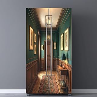 Self Adhesive Vinyl Refrigerator Wrap Set Elegant Hallway Green Walls Wood Paneling Classic Artwork Self Stick Door Mural Sticker Removable Refrigerator Wrap Decal Kitchen Bar Decor