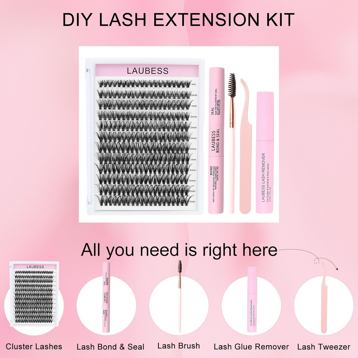 Lash Clusters Kit LAUBESS DIY Lash Extension Kit Lash Bond and Seal Waterproof Lash Glue Remover Tweezers Brush Cluster Eyelash Extensions Kit Eyelash Clusters (Kit 40D-D-Mix8-14)