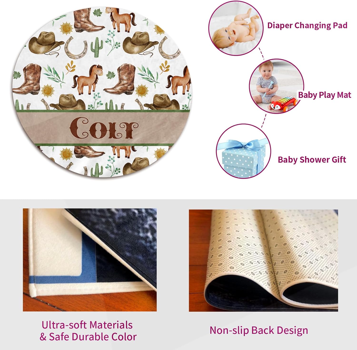 Custom Name Baby Rug - Nursery Mat for Baby Boys & Girls - Tummy Time & Crawling Mat - Round Rugs Fitting Nursery & Bedroom - Cowboy (47.24"X47.24")