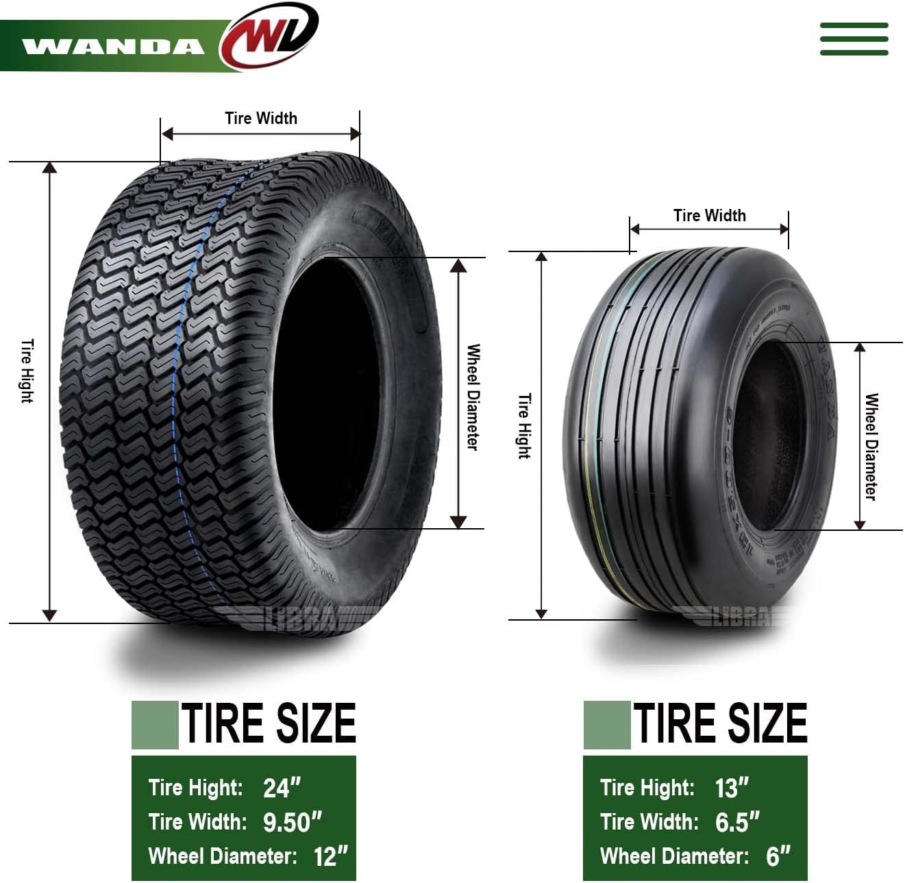 WANDA Set 4 Zero-Turn Lawn Mower Turf Tires 13x6.5-6 Front & 24x9.5-12 Rear /4PR -13081/13050