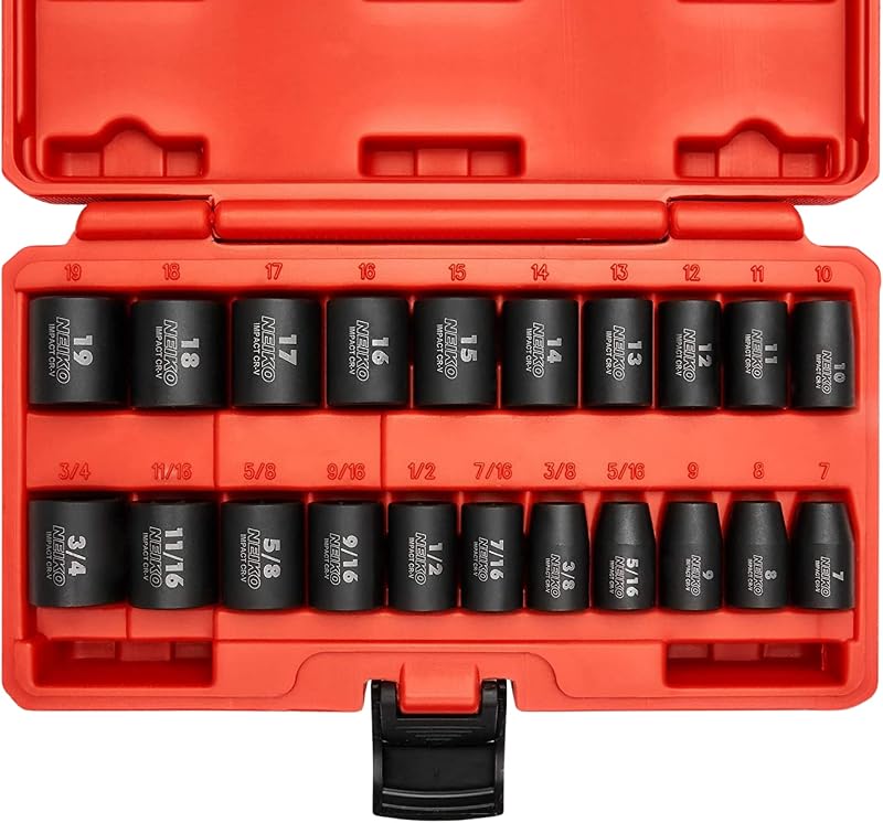 02432A 3/8” Drive SAE and Metric Impact Socket Set | 21 Shallow Pieces | SAE 5/16” to 3/4” | 7mm to 19mm | Premium Cr-V Steel | 6-Point Hex Design | Corrosion Resistant Coating