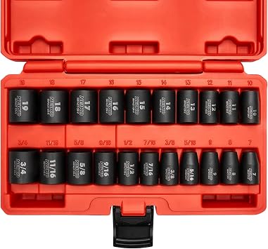 NEIKO 02432A 3/8” Drive SAE and Metric Impact Socket Set | 21 Shallow Pieces | SAE 5/16” to 3/4” | 7mm to 19mm | Premium Cr-V