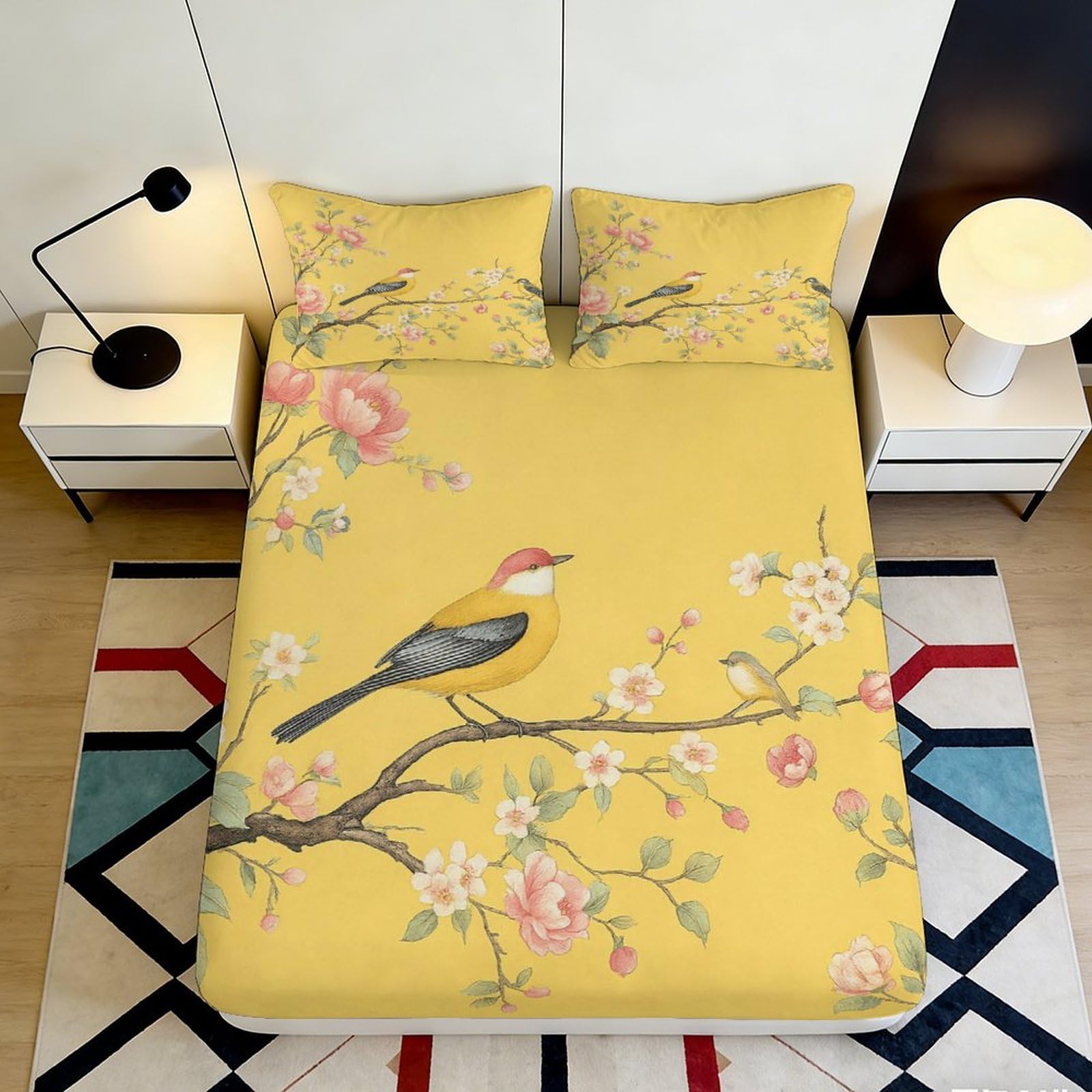 Jqzkxnhpbr Style-10 3D Printed Yellow Bird Blossom Fitted Sheet Microfiber Bedroom Decor Floral Branch Mattress Cover For Home Dorm 90X200x25cm
