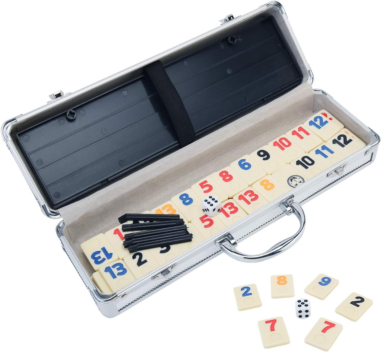Ksamor Rummy Game Set - Colored Rummy Game with Durable Tiles and Trays, Well Painted Rummy Cube 106 Tiles with Aluminum Case for Families