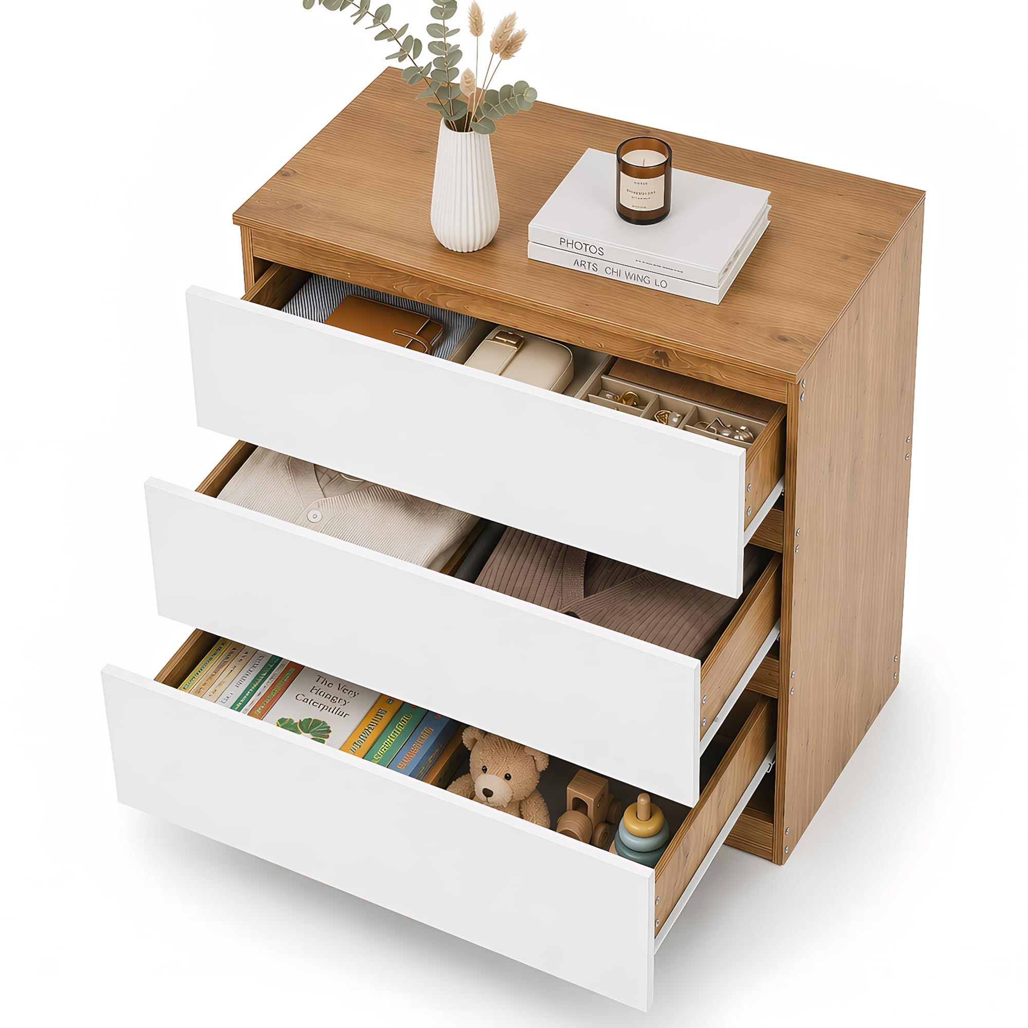 Cajonera Dormitorio, Comoda con 3 Cajones, 70 cm Ancho, Moderno Mueble Cajonera para Salón, Dormitorio, Habitación De Los Niños, Oficina, Blanco/Roble, 70×40×75 cm