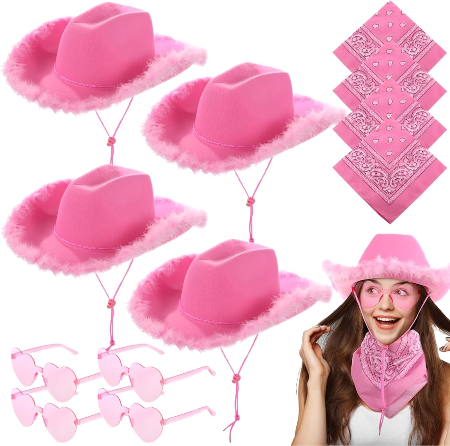 4 Set Pink Cowgirl Hats, Cowboy Hats with Heart-Shaped Sunglasses & Bandanas, Western Hats with Feathers for Women, Cow Costume Accessories for Fun Parties and Dress-Up Events