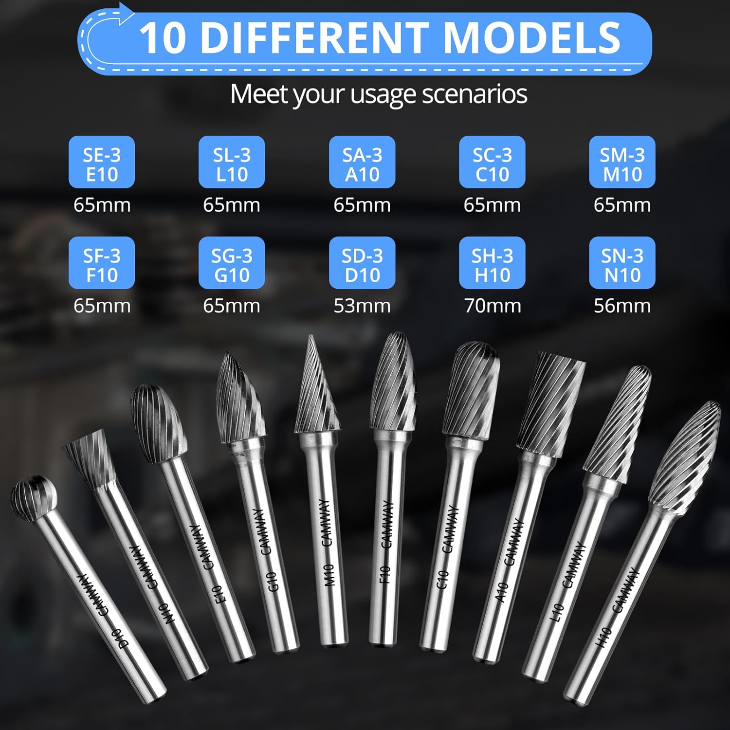 CAMWAY 10pcs Carbide Burrs Set - 1/4" Shank Die Grinder Carbide Bits, Rotary Tungsten Cutting Burrs Bits for Polishing Engraving Drilling Metal,Wood,Steel,Copper,Aluminum