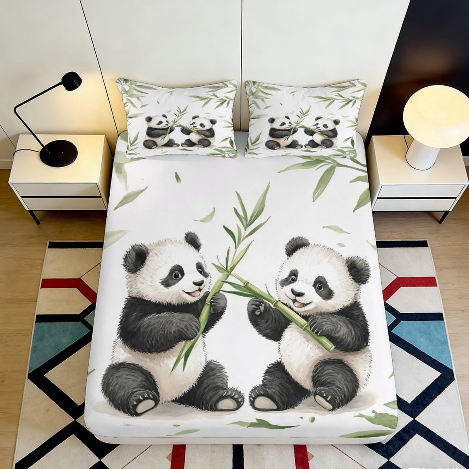 3D Printed Panda Bamboo Fitted Sheet Microfiber Anti-Slip Mattress Cover for Bedroom Guest Room Easy Care White 180x200x25cm