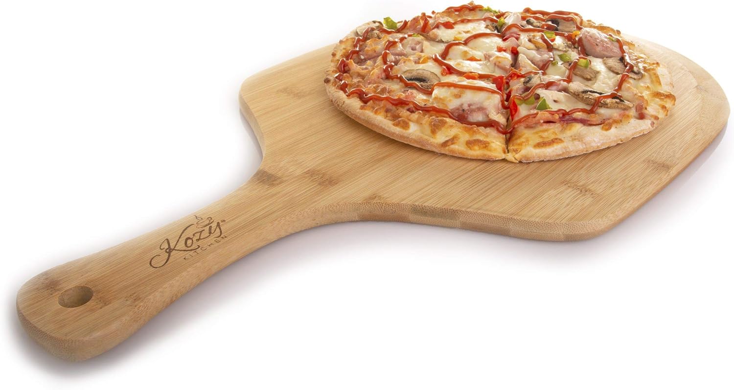 Premium Bamboo Wooden Pizza Peel Paddle and Cutting Board with Handle (for Baking Pizza, Bread, Cutting Fruit, Vegetables, Cheese) - Personal Size
