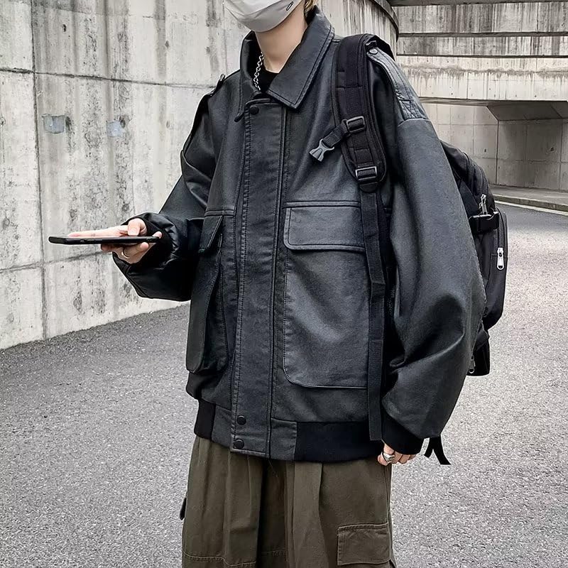 Men's PU Faux Leather Zip-Up Motor Varsity Bomber Jacket Unisex Y2k Coats Harajuku Vintage Alt Emo Grunge Streetwear4