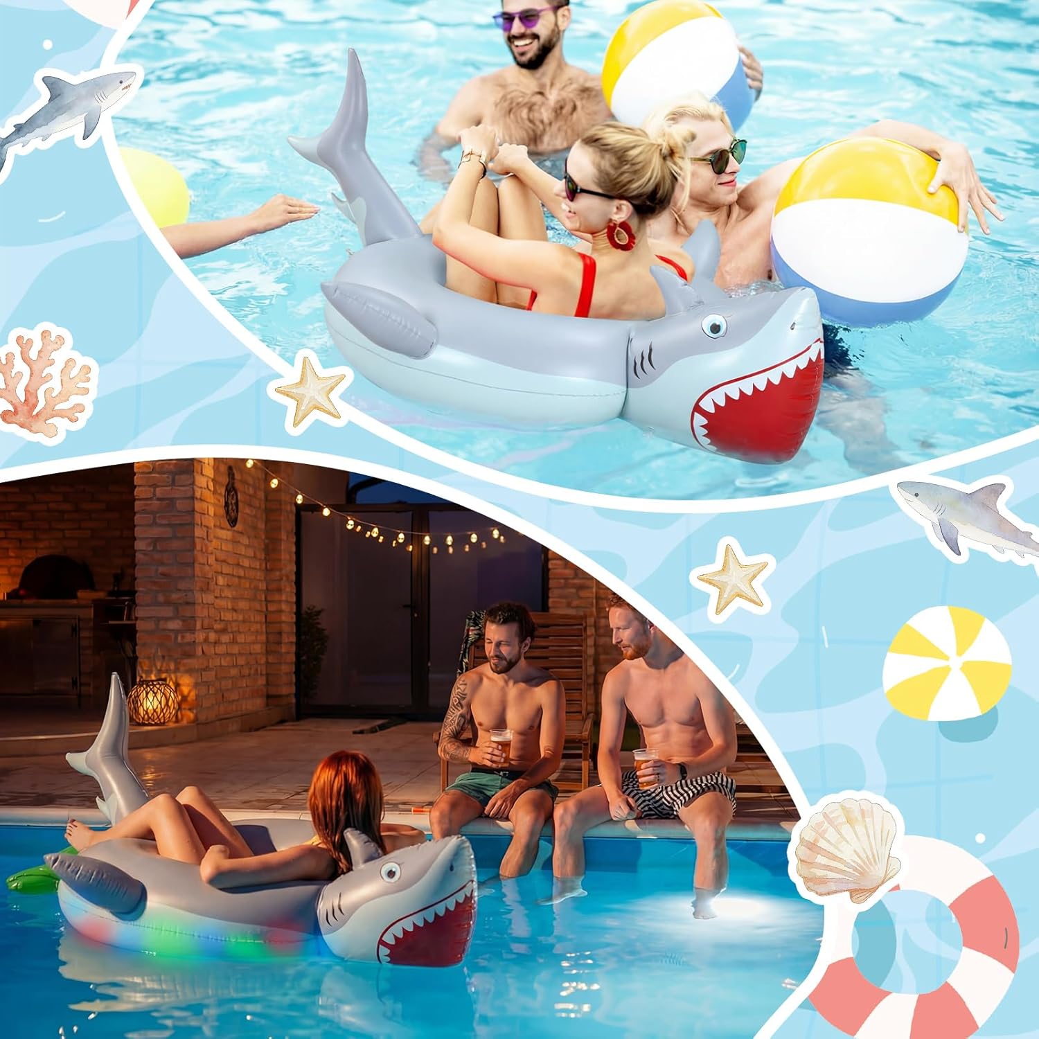 Shark Inflatable Pool Float with Lights Solar Powered Shark Pool Floaties for Adults 67" Large Swim Tube Ring LED Glow in The Dark Swim Float for Summer Water Beach Lounge Party Supplies