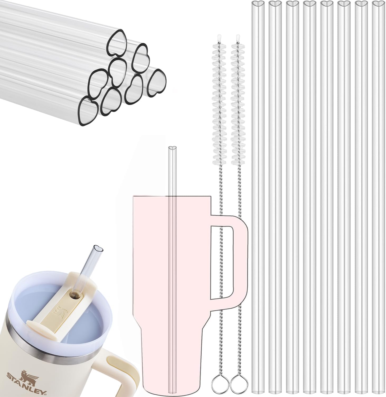 ALINK 12 Inch 8-Pack Reusable Plastic Heart Straws for Stanley Cup 40 oz & 30 oz Tumbler Accessories Cute Clear Extra Long Replacement Straw with Brush Valentines Galentines Day Gifts