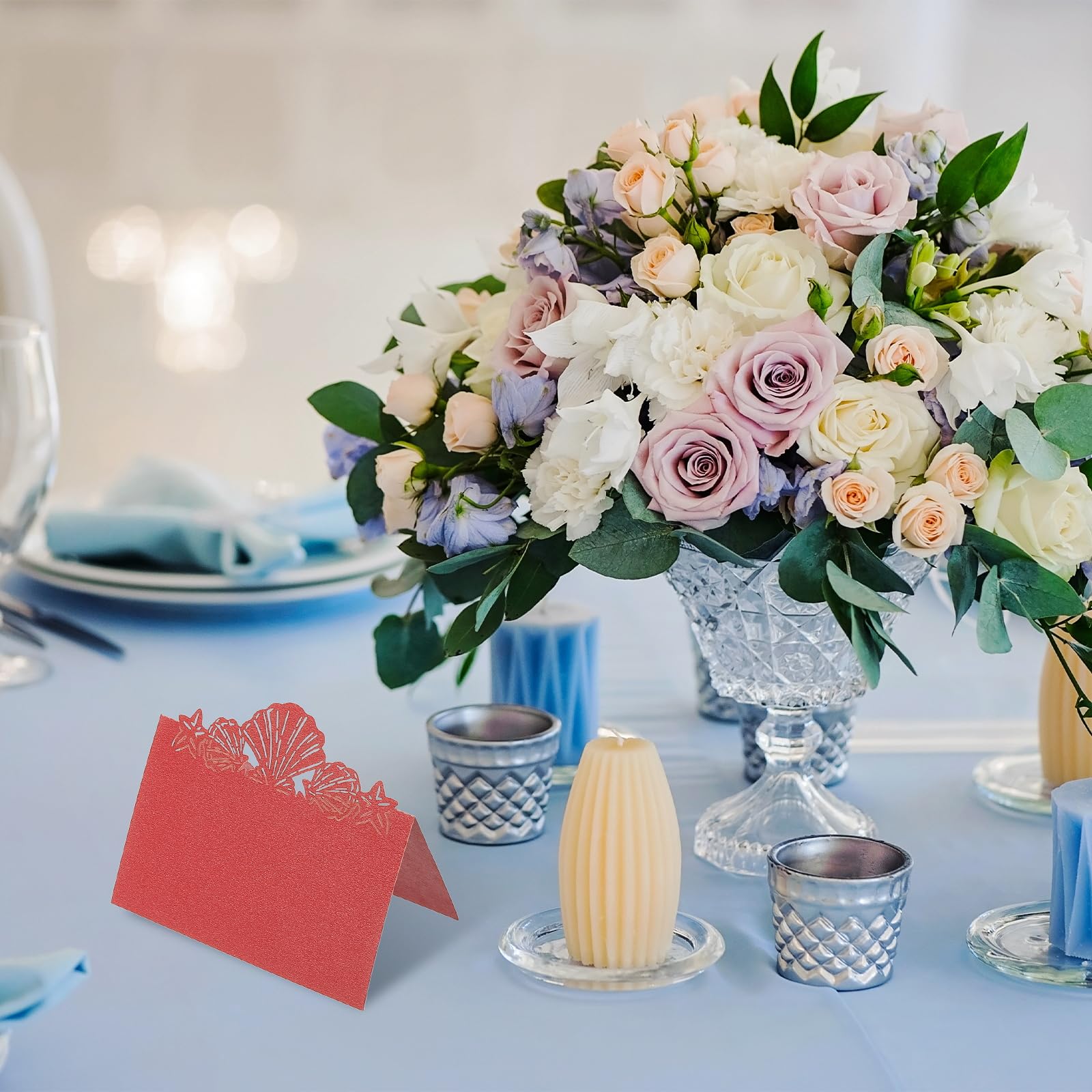 50 Segnaposto Matrimonio Tagliati Laser - Tema Spiaggia, Bianco Perlescente, 12x9 Cm