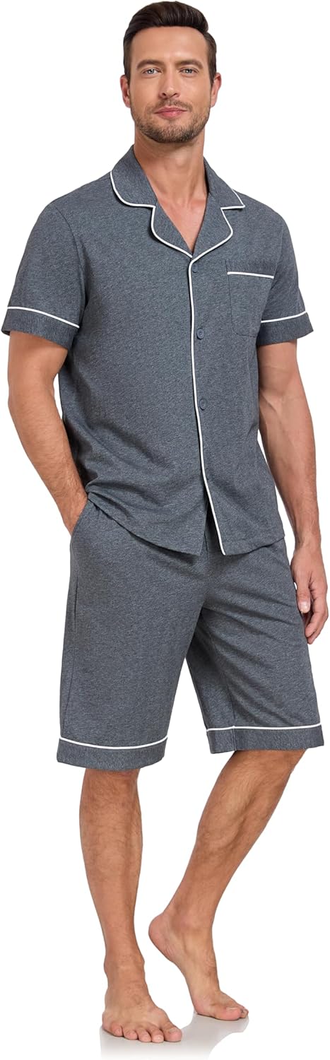 EA'S SECRET Men's 100% Cotton Pajamas Set Short Sleeve Button Down Notched Collar Sleepwear Lounge Pjs Set With Pockets - Image 5