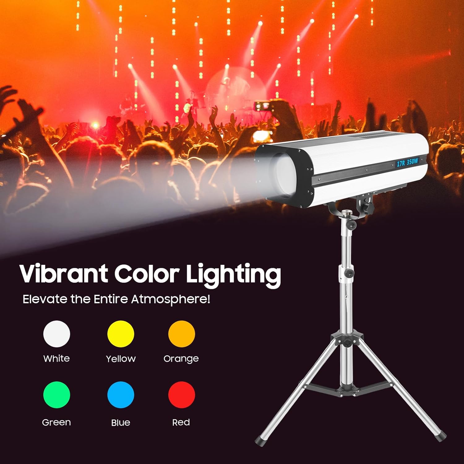 Stage spotlight displaying various color outputs: white, yellow, orange, green, blue, red