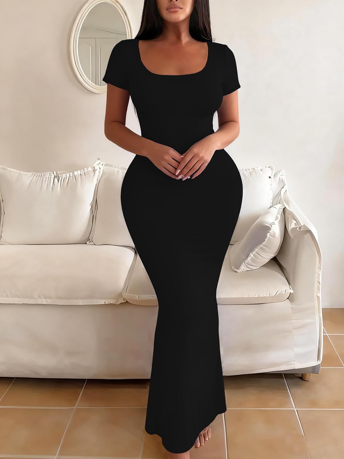 HBQ Women's Summer Bodycon Maxi Dress Short Sleeve Square Neck Lounge Dresses Sexy Night Out Party Dress - Image 3