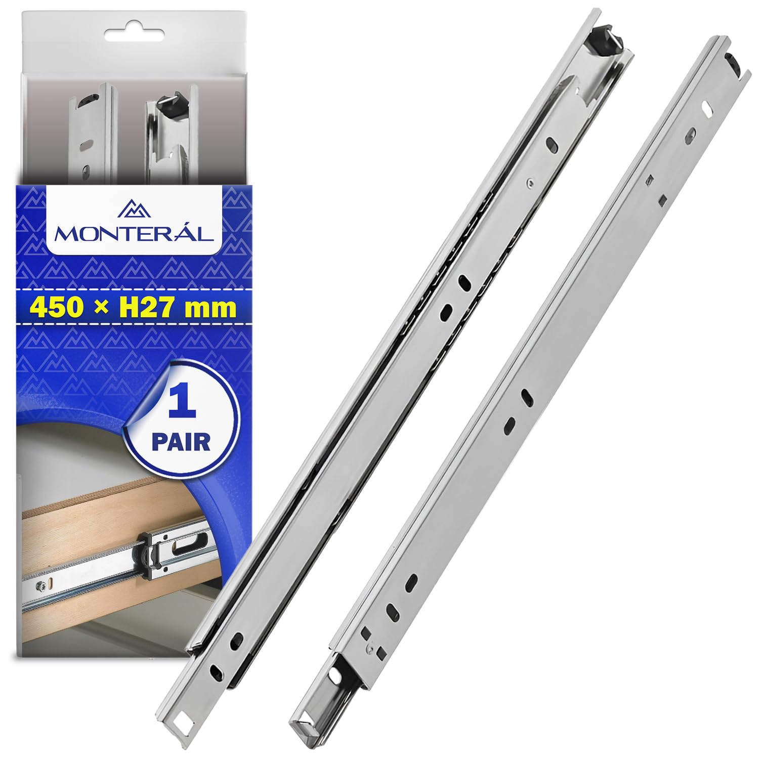 1 Pair Ball Bearing Drawer Runners 450x27 mm Partial Extension of 301 mm