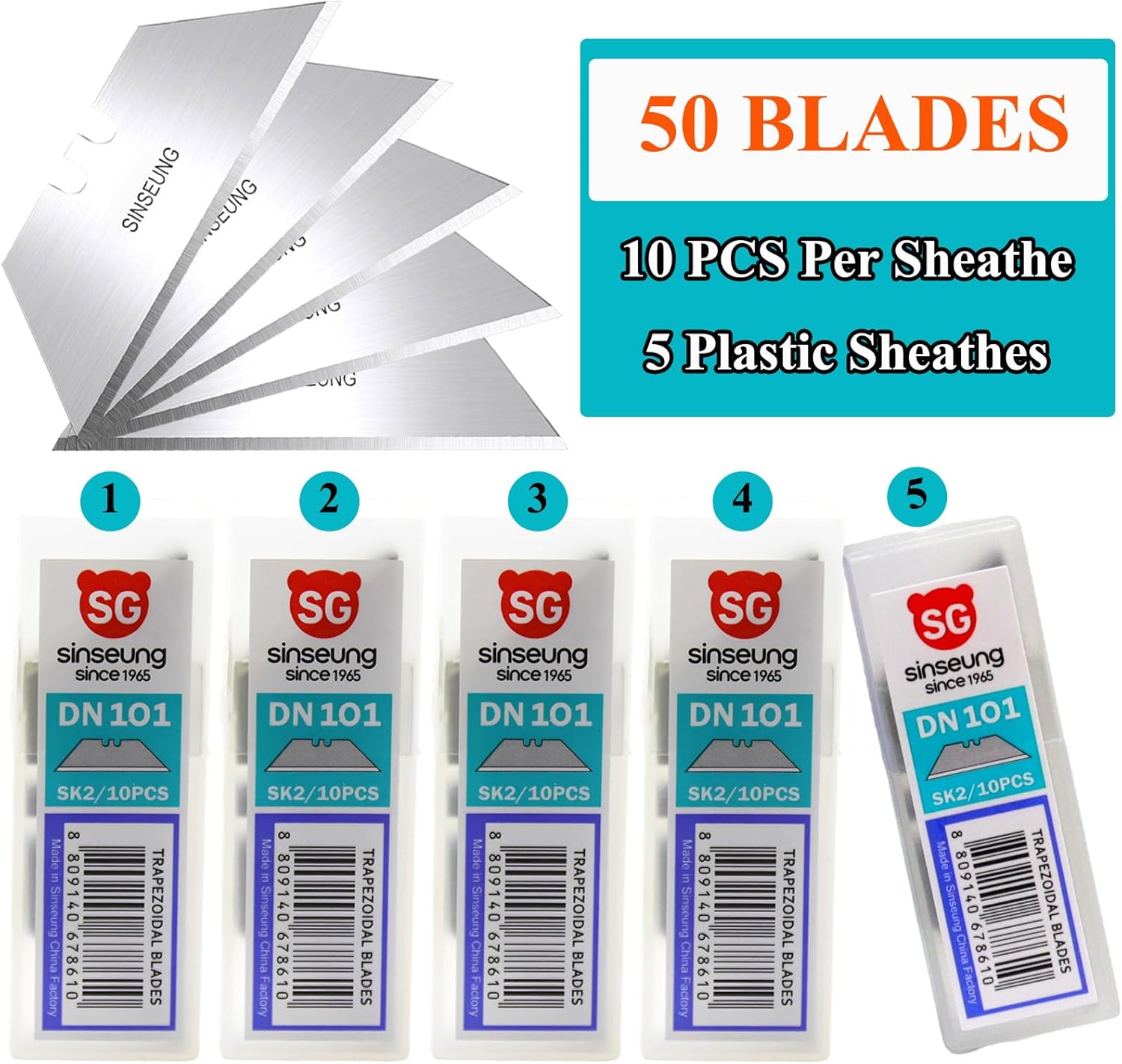 50 Pack Utility Knife Blades, SK2 Alloy Steel Box Cutter Blades, Heavy Duty Razor Knife Refills for Cutting Cardboard, Drywall, Leather and Carpet (DN101)