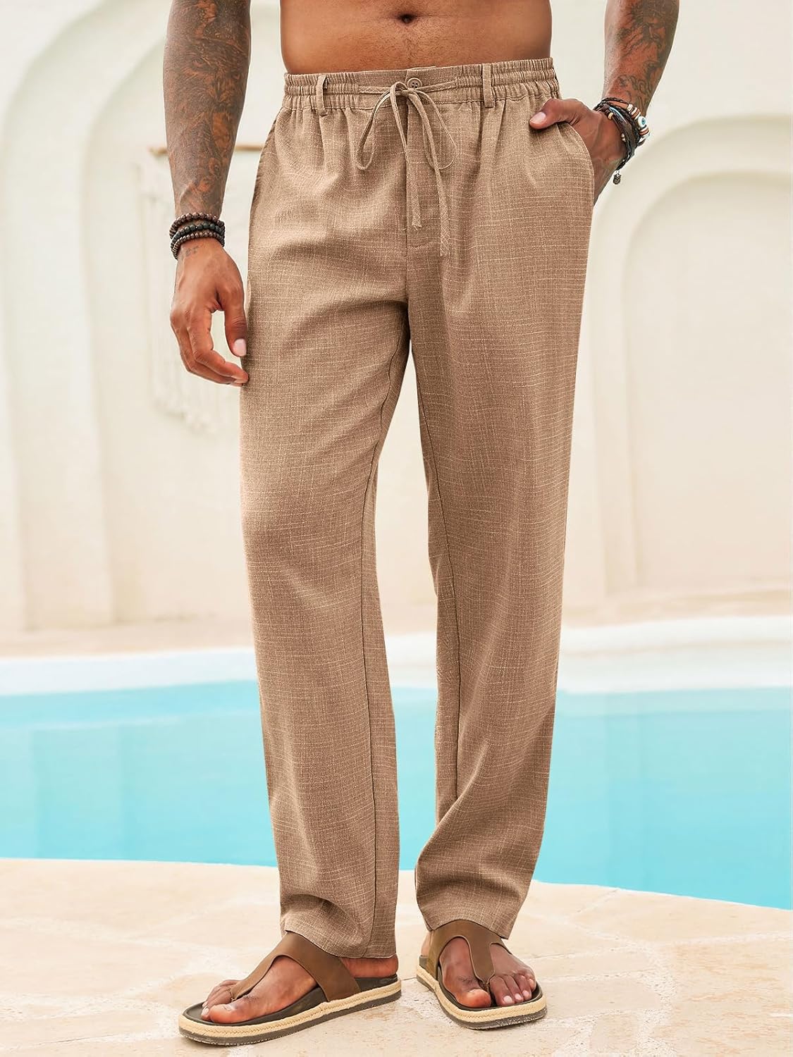 Runcati Mens Casual Pants Linen Elastic Waist Drawstring Lightweight Pants Loose Fit Summer Beach Yoga Trouser - Image 2