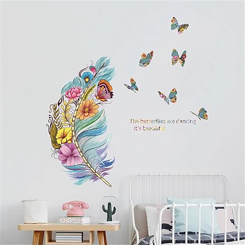 Miniatura 4 de Hermosas calcomanías de pared coloridas de plumas y flores de mariposa, arte floral de sacinora DIY calcomanías de pared de vinilo extraíble para