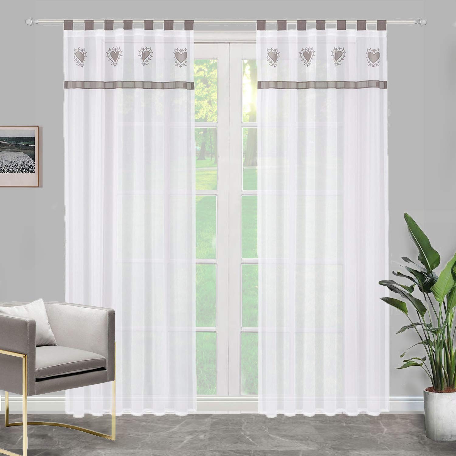 Voilages transparents anti vis-à-vis brodés cœur gris pour salon