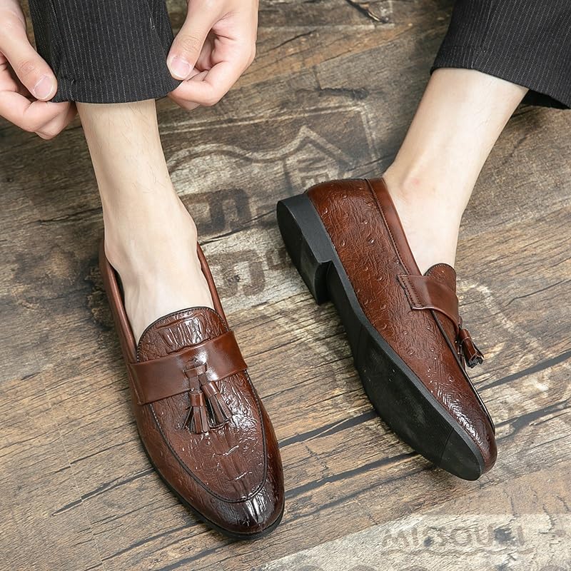 Men's Loafers Shoes Burnished Toe Crocodile Print with Tassel Vegan Leather Comfortable Flat Heel Flexible Fashion Prom Slip-on2