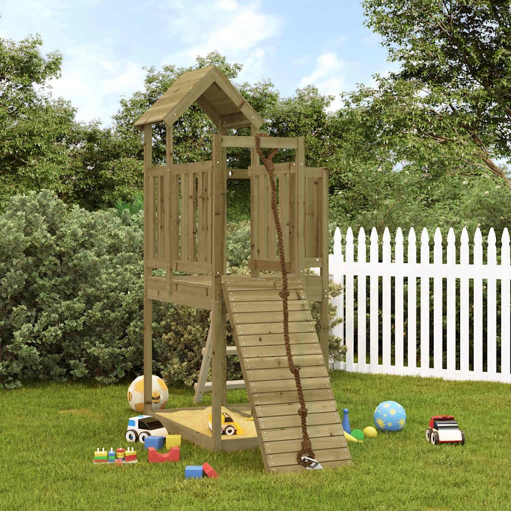 Spielturm mit Kletterwand aus imprägniertem Kiefernholz für Garten, Kinder, Outdoor, mit Rutsche, Sandkasten, Seil, Wippe, Zubehör, robustes Holz, Sicherheit, für Kinder ab 3 Jahren