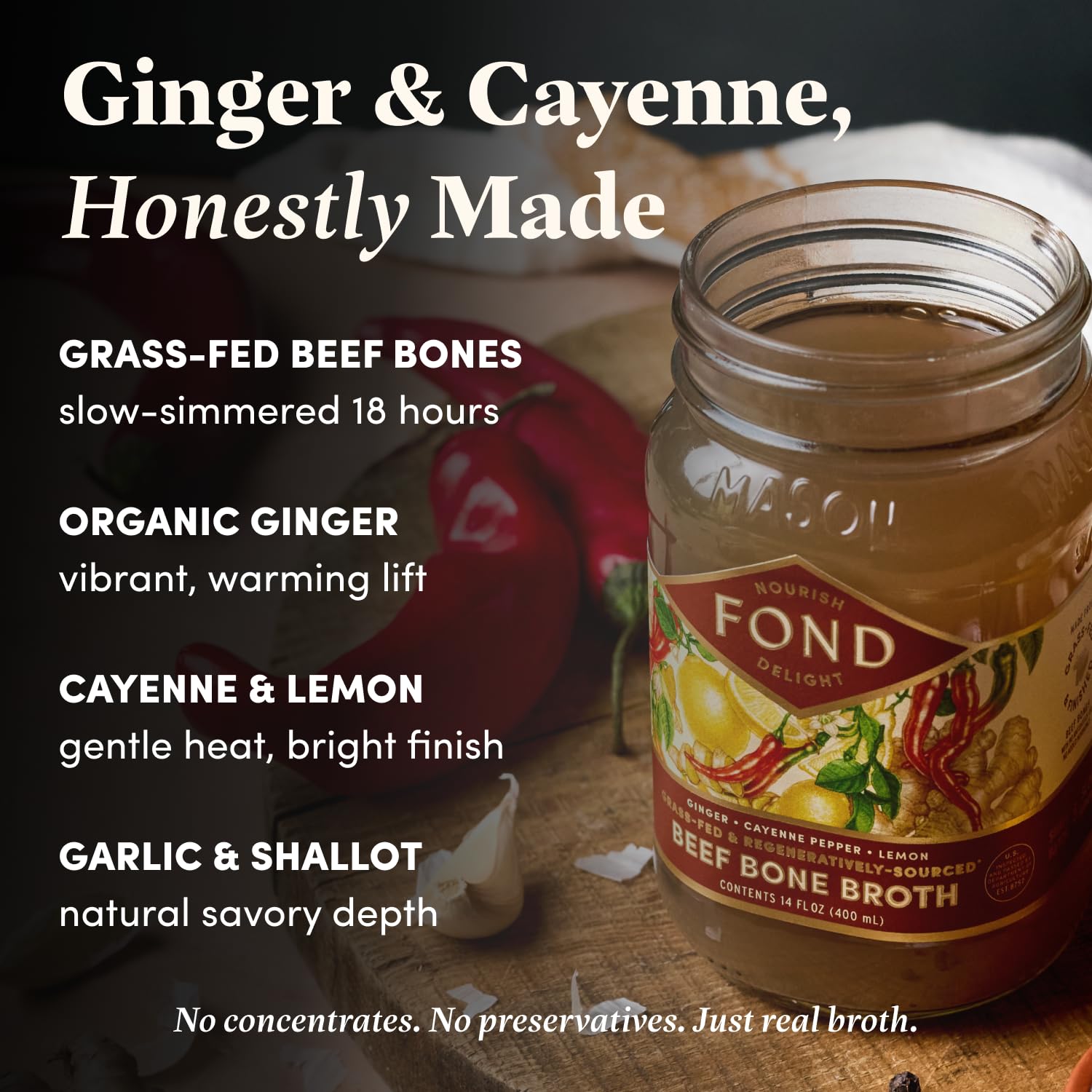 FOND Regenerative Grass Fed Beef Bone Broth Infused with Organic Ginger & Cayenne – Slow-Simmered Beef Broth for Rich and Nourishing Flavor, Nutrient-Dense, Artisan Quality – 14 oz (12-Pack)