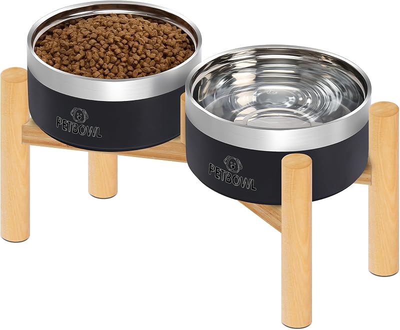 Tigela elevada para cães em aço inoxidável com suporte de madeira antiderrapante UPSKY, 765 mL, preta