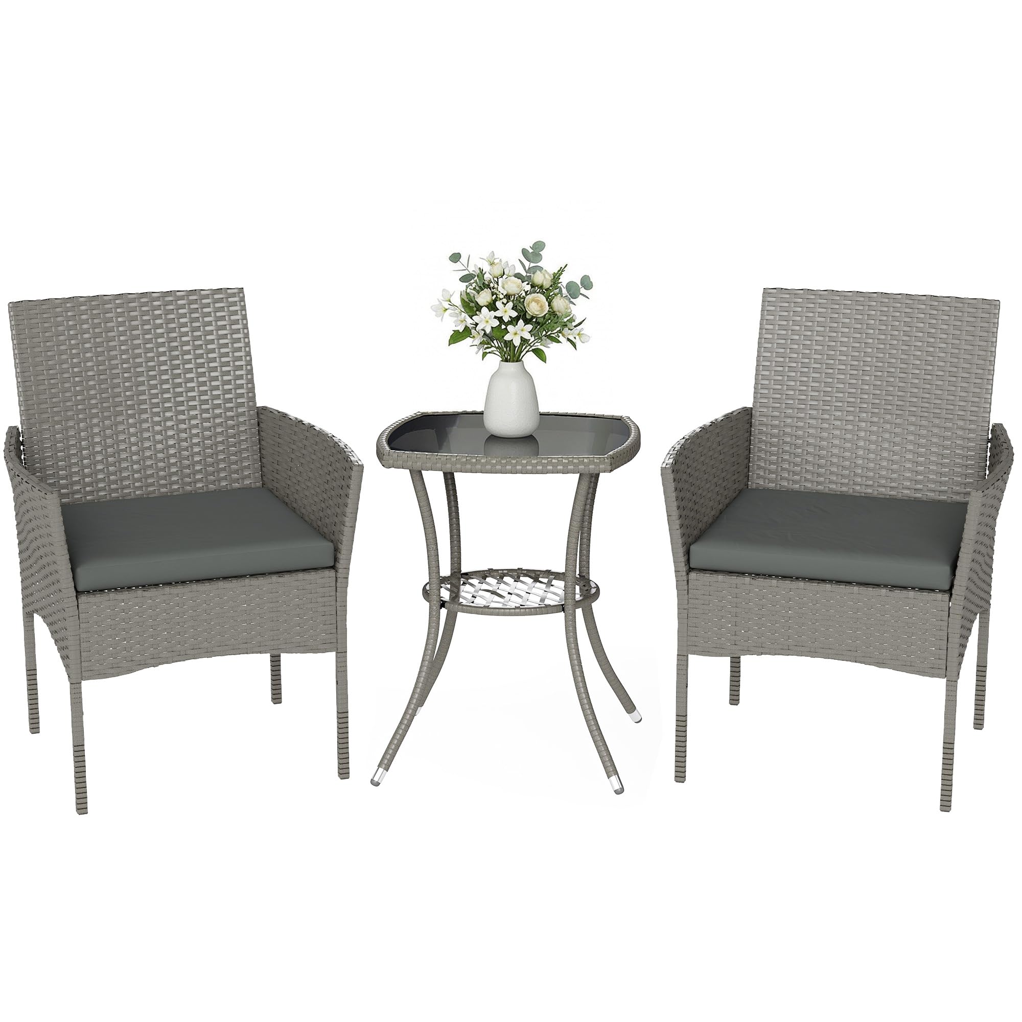 Outsunny 3 Piece Rattan Bistro Set, PE Wicker Garden Furniture Conversation Set, 2 Tier Glass-Top Bistro Table and Chairs for 2 with Cushions for Patio, Balcony, Porch, Dark Grey