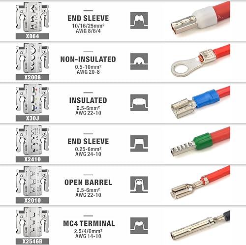 Miniatura 7 de iCrimp - Juego de herramientas de trinquete de cambio rápido para terminales aislados, termorretráctiles, terminales no aislados, terminales de