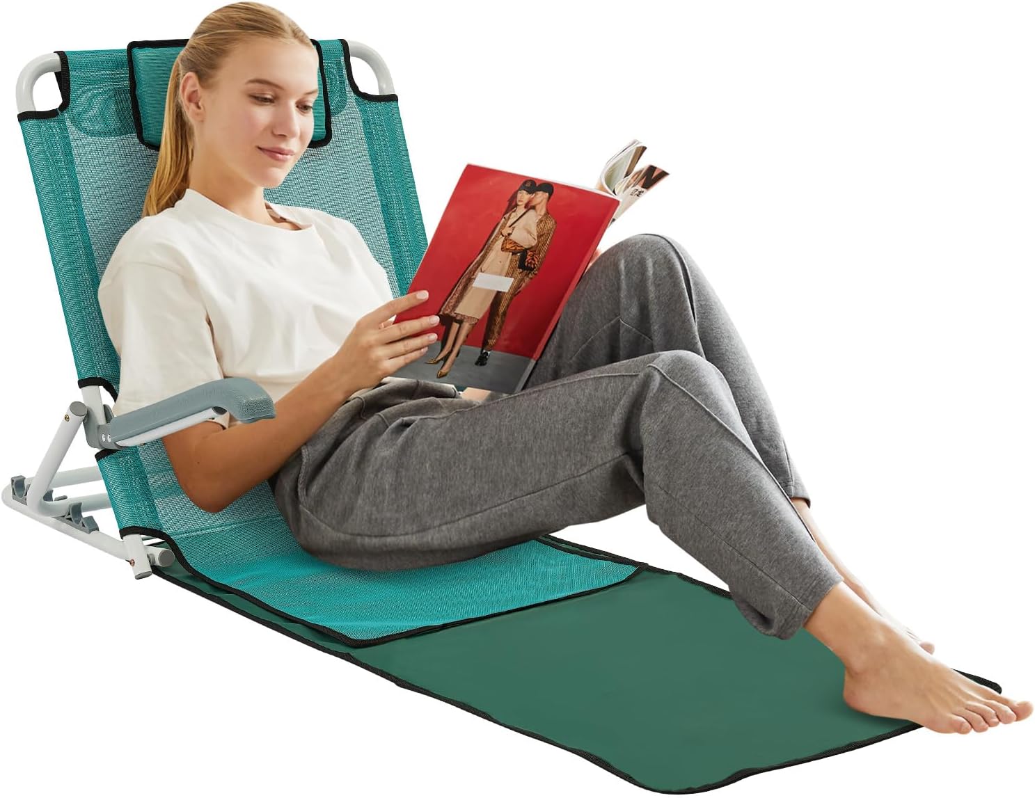 Foldable Bed Backrest with Arms, Adjustable Reading Pillow Support Cushion with Mesh Back, Headboard for Sitting Up in Bed, Elderly Patients Recovery (Lake Blue)